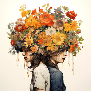 
An artwork depicting beautiful, brightly colored flowers filling a young woman's head. Generative AI