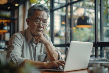 Serious and thoughtful businessman working inside office sitting at table using laptop at work, mature asian boss in shirt thinking and typing on keyboard. Generative AI - obrazy, fototapety, plakaty