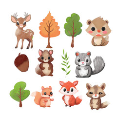 set of woodland animals hand drawing watercolor.