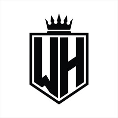 WH Logo monogram bold shield geometric shape with crown outline black and white style design