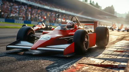 Foto op Canvas Red race car in sharp focus with sunlit track and competitors in background. Famous racing event © master1305