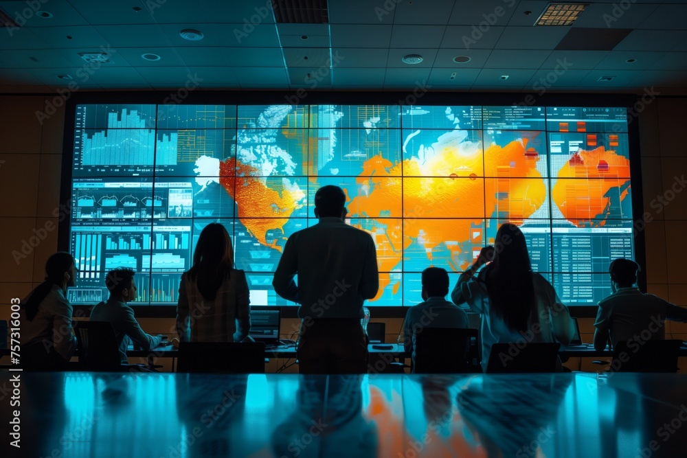Poster business team analyzing data on large screen. business team attentively analyzes global data on a la