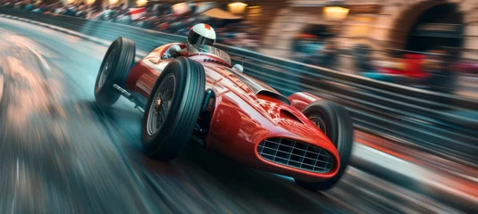 Zelfklevend Fotobehang Vintage style racing car in motion, speeding through a Monaco street. © master1305