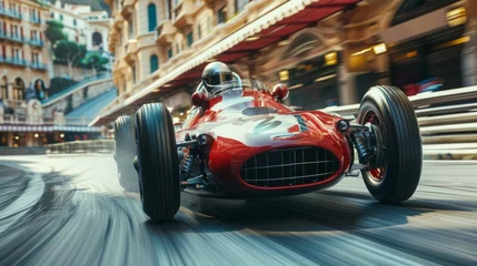 Deurstickers Vintage style racing car in motion, speeding through a Monaco street. © master1305