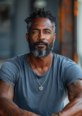 Fototapeta premium Portrait of a confident man looking straight into the camera. Concept: men's health and self-development with psychological well-being, cosmetics and services for a male audience