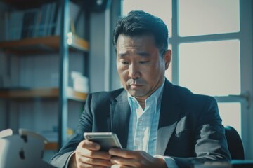 Fototapeta premium Asian businessman uses the phone in the office, portrait of a man looking at the phone screen, working in a modern office, Generative AI