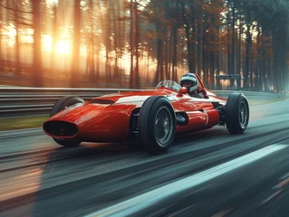 Zelfklevend Fotobehang Vintage Formula One racing car fast riding on road surrounded by forest trees on sunset © master1305