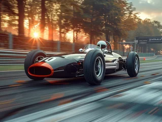 Fototapeten Vintage Formula One racing car fast riding on road surrounded by forest trees on sunset © master1305