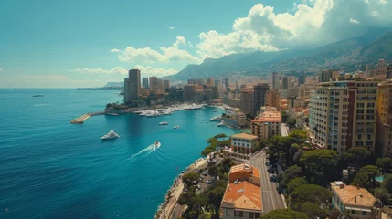 Tafelkleed Aerial view of Monaco coastline with buildings, boats, and clear blue waters. Coastal elegance. Travelling destination © master1305