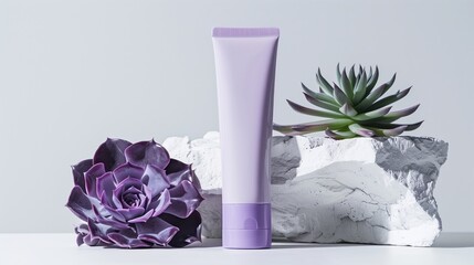 A high key product photography, light violet tube of skincare sitting on top of white stone, two...