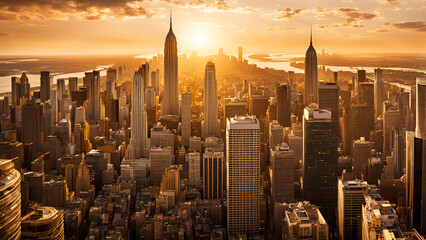 Cityscape bathed in warm light thriving business district - obrazy, fototapety, plakaty