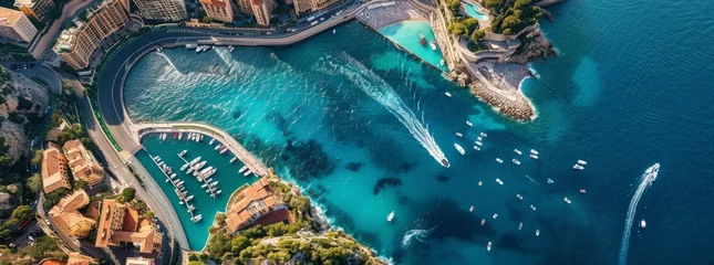 Gordijnen Aerial view of Monaco coastline with beautiful coastal scene featuring a beach and a harbor. Luxurious resort © master1305