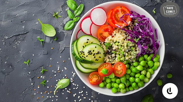 A healthy vegan lunch bowl featuring avocado, quinoa, tomato, cucumber, red cabbage, green peas, and radish vegetable salad. Viewed from the top.