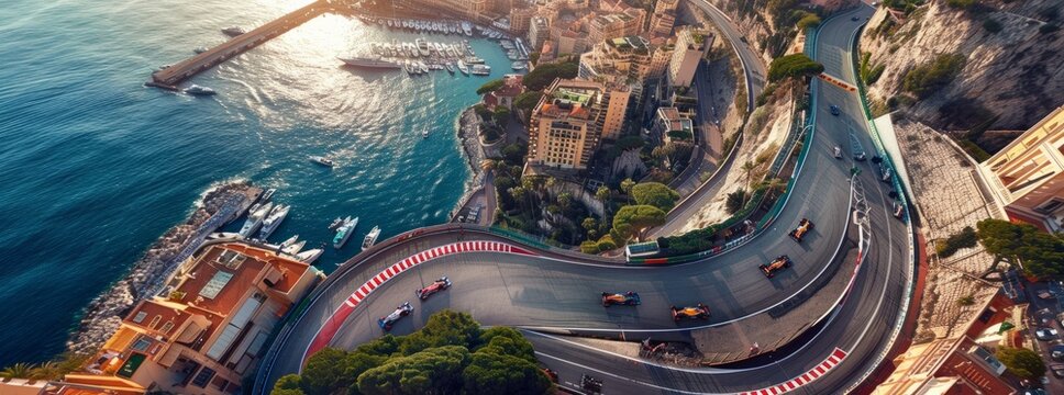 Aerial view of race track near sea, famous Formula One race track. Popular motorsport event