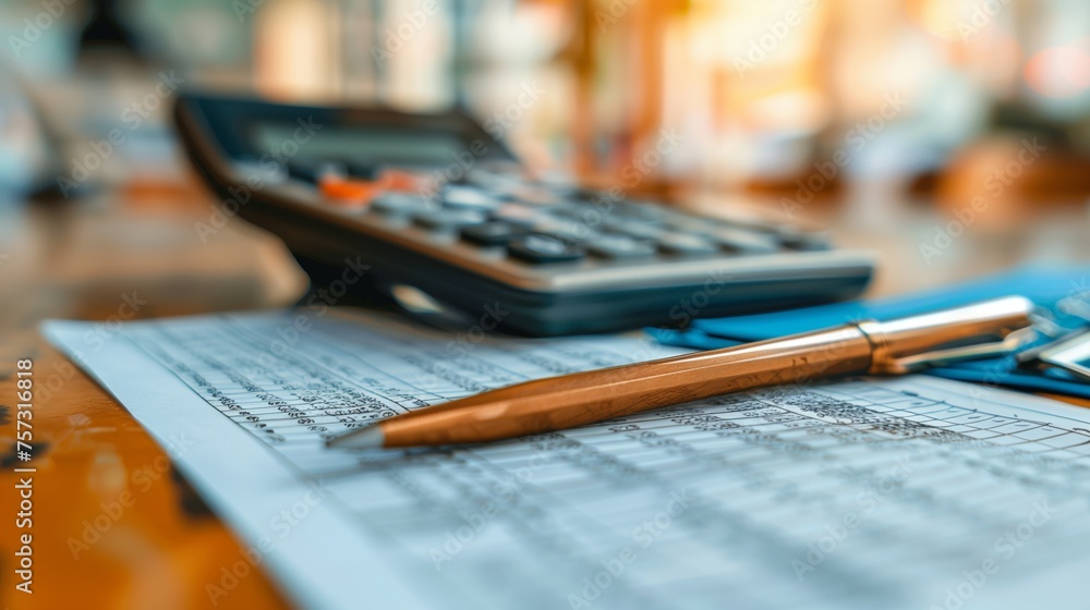 Poster calculators on financial reports and analysis papers. a sharp focus on a calculator on a desk surrou
