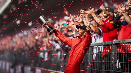 Naklejka premium Driver in red celebrating with trophy, confetti, cheering crowd in the background. Formula one racing event
