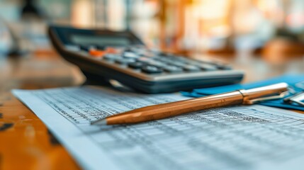 Calculators on Financial Reports and Analysis Papers. A sharp focus on a calculator on a desk surrounded by complex financial reports, highlighting meticulous financial examination.