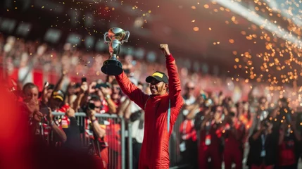 Rolgordijnen zonder boren Driver in red celebrating with trophy, confetti, cheering crowd in the background. Formula one racing event © master1305