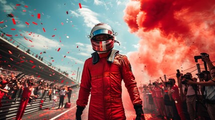 Driver in red celebrating with trophy, confetti, cheering crowd in the background. Formula one racing event - obrazy, fototapety, plakaty