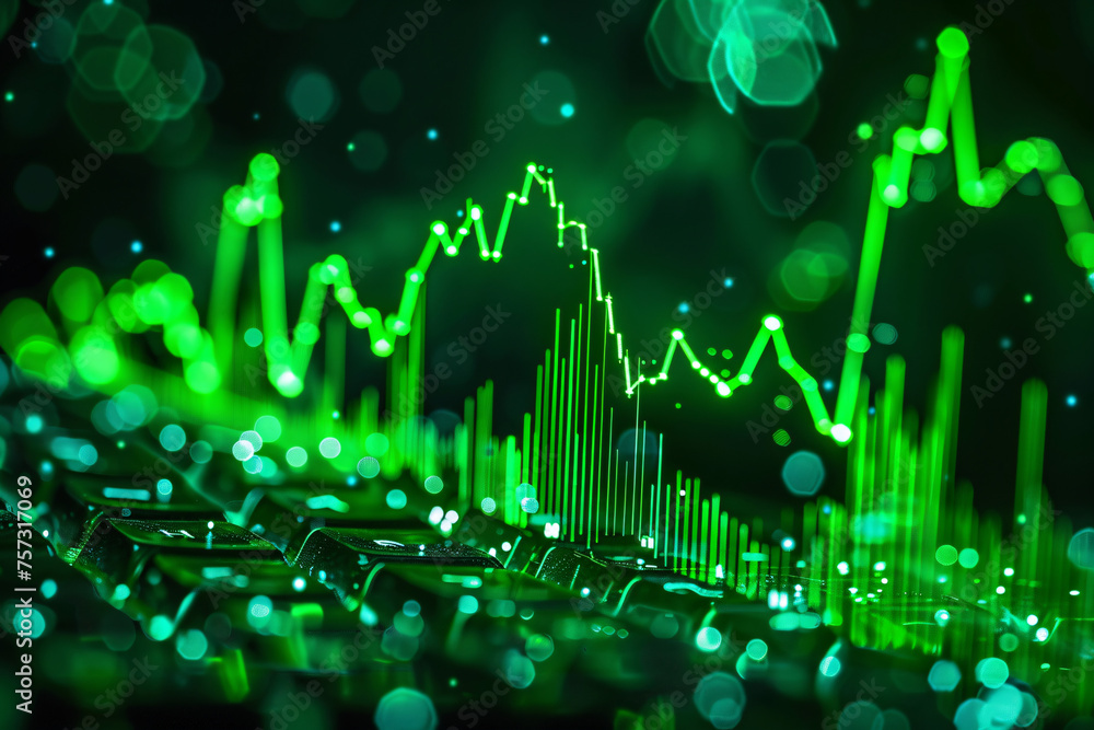 Poster abstract financial graph with uptrend line and bars on green backdrop