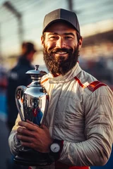 Rolgordijnen Smiling positive bearded man, formula one racer standing with trophy. Winning race © master1305