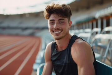 Portrait of young athlete in stadium, man sitting on chair smiling and looking at camera close up, runner resting from training and fitness, Generative AI