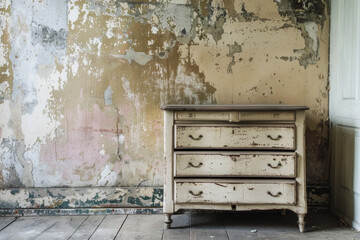 Ancient vintage dresser near dilapidated grunge wall