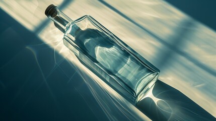 A glass bottle with light reflection. Light source lying down on rectangular bottle. Generated by artificial intelligence.