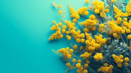 Flowers Composition: Mimosa Flowers on Blue Background, Springtime Floral Arrangement with Yellow Blooms, Botanical Artwork, Nature Inspired Design, Tranquil Floral Aesthetic, Generative AI


