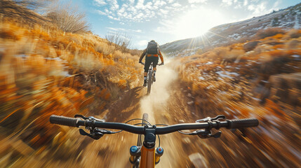 Cinematic Super Fisheye View of Downhill Mountain Bike Trail
 - obrazy, fototapety, plakaty
