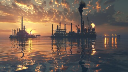 Oil production factory in the middle of the sea, with flame pipes, large design, beautiful view in the evening.