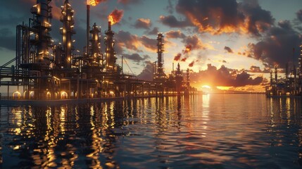 Fototapeta premium Oil production factory in the middle of the sea, with flame pipes, large design, beautiful view in the evening.