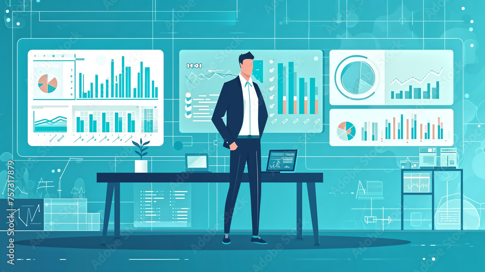 Poster a digital illustration of a confident businessman standing in a modern workspace surrounded by scree