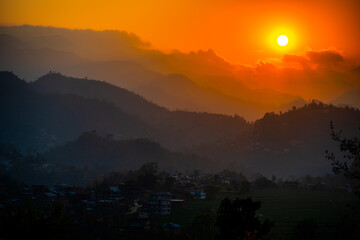 Obraz premium Sunset Embrace on the Namobuddha to Balthali Trek, Kathmandu Valley, Nepal