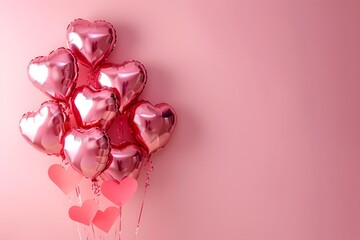 Valentine‘s day background with red and pink hearts like balloons on pink background 