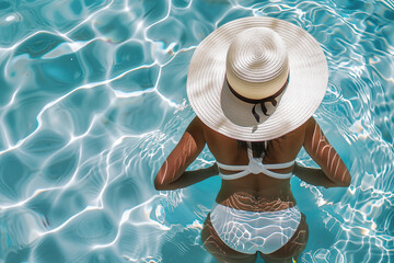 Young woman relaxing in a pool on a sunny day with a white hat and clear water