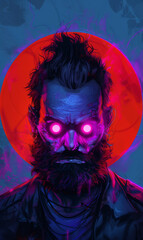 Fototapeta premium Sci-Fi Brahma with Purple Glowing Eyes and Red Circle Background 