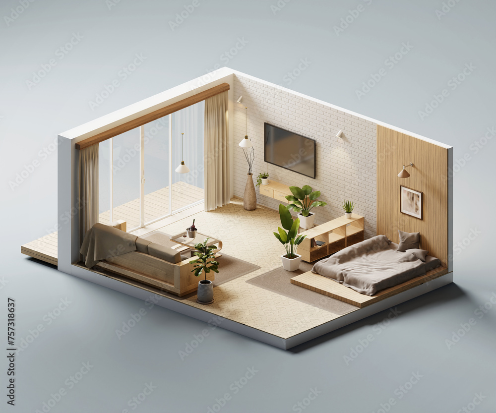 Poster isometric view bed room open inside interior architecture 3d rendering digital art