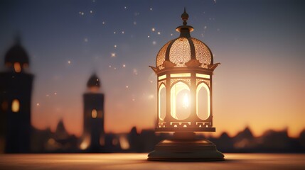 Ramadan Kareem greeting card with Arabic lantern. 3D rendering