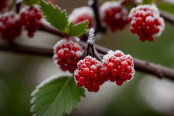 winter red berries frozen by snow and ice