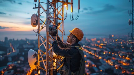 engineer working on a 5G telecommunication tower - obrazy, fototapety, plakaty