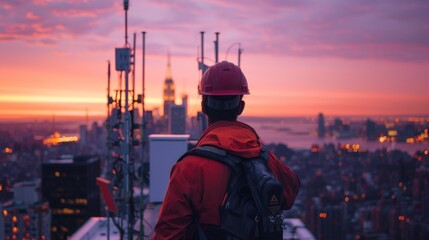 engineer working on a rooftop installing a new 5G antenna
