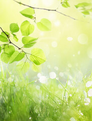 Natural herbal background. Juicy fresh green grass and tree leaves with drops of dew sparkle in morning light, spring summer outdoors. - 757319053