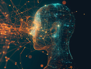 A digital human head composed of glowing lines, surrounded by network connections and data points.