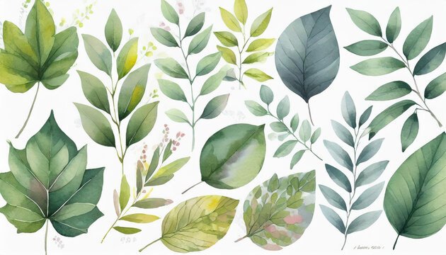 Diferentes tipos de hojas de arboles, pintadas con acuarela, separadas unas de otras. algunas son rosadas