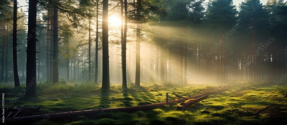 Poster the sunlight filters through the trees in a misty forest, creating a serene atmosphere. the tints an