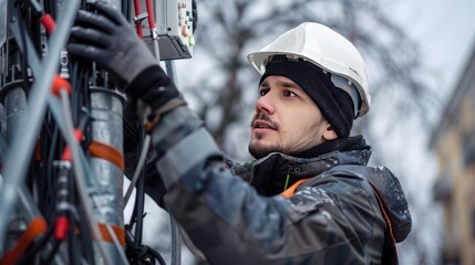 engineer working on the installation of a 5G tower in an urban setting