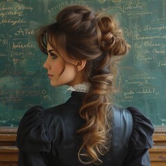 Beautiful girl teacher against the background of a chalk board in the classroom of a teaching room. Concept: training and educational materials for universities and schools