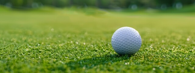 Banner. Small and round with slightly glossy surface white golf ball resting on green field. Concept of professional and luxury sport, leisure time, recreation, games. Copy space. Ad