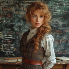 Beautiful girl teacher against the background of a chalk board in the classroom of a teaching room. Concept: training and educational materials for universities and schools
